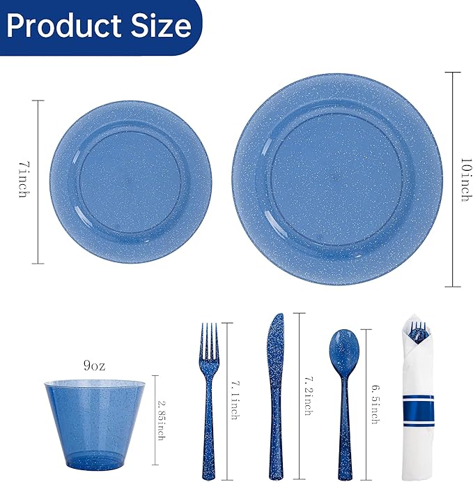 DaYammi 350 Pieces Cobalt Blue Glitter Dinnerware Set 50 Guest for Party- 50 Dinner Plates, 50 Dessert Plates -50 Per Rolled Napkins with Blue Cutlery - 50 Disposable Cups 9 OZ
