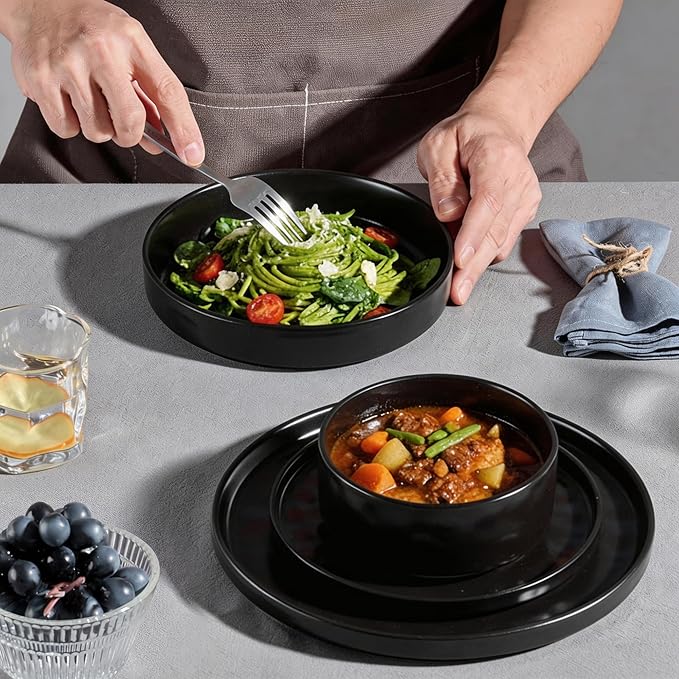 E-far 8-Piece Black Plates and Bowls Sets with Pasta Bowls - Stoneware Dinnerware Set for 2, Modern Ribbed Matte Black Kitchen Dishes, Microwave & Dishwasher Safe