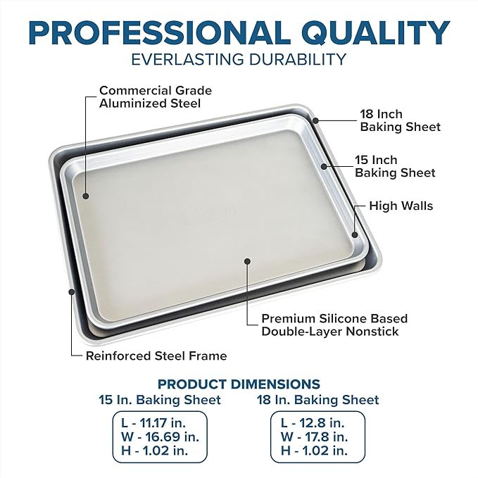 Viking Premium 2-Piece Nonstick Baking Sheet Pan Set, Made without PFAS, Heavy Gauge Aluminized Steel Cookie Sheets with Reinforced Iron Frame, 15 & 18-Inch, Oven Safe to 475F
