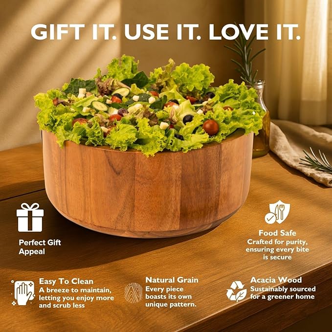 Luxe Designs Wooden Salad Bowl Set with Serving Utensils Eco-Friendly, Multipurpose Mixing & Serving Bowl for Salads, Pasta, Fruits & More (Natural, Extra Large)