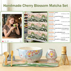 Clay&Fire Matcha Whisk Set，9 Pcs Ceramic Matcha Set, 15 OZ Matcha Bowl with Spout and Whisk，Matcha Kit for Friend, Ideal Gift for Matcha Lover（Cherry Bloom）
