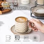 GBhome 6OZ Stackable Coffee Mugs with Stand and Saucer, Ceramic Coffee Mugs Set of 4 with Texture Patterns for Man,Woman,Dad,Mom, Modern Coffee Cups for Latte/Espresso. Dishwasher&Microwave Safe