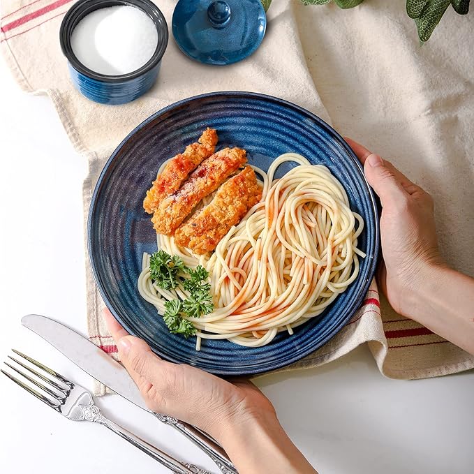 HASENSE Pasta Bowls Set of 2, 8.7 Inch Ceramic Salad Serving Bowls for Kitchen, 32 Ounce Shallow Bowls for Pasta Soup Salad Dinner, Microwave Dishwasher Safe, Navy Blue