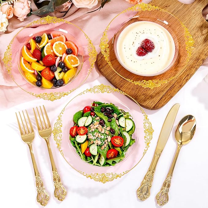100PCS Clear Pink Plastic Bowls - 12 oz Pink Gold Disposable Salad Bowls - Heavy Duty Disposable Soup Bowl - Fancy Plastic Ice Cream Bowl for Weddings Parties Dinners Picnics Mother’s Day