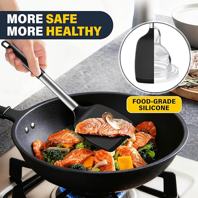 3 Pcs Silicone Spatula Set, Heat Resistant Solid & Slotted Turner for Non-Stick Pans, Silicone Cooking Utensils Set, BPA-Free, Flexible Spatula Turner for Flipping Eggs, Burgers, Pancakes, Black