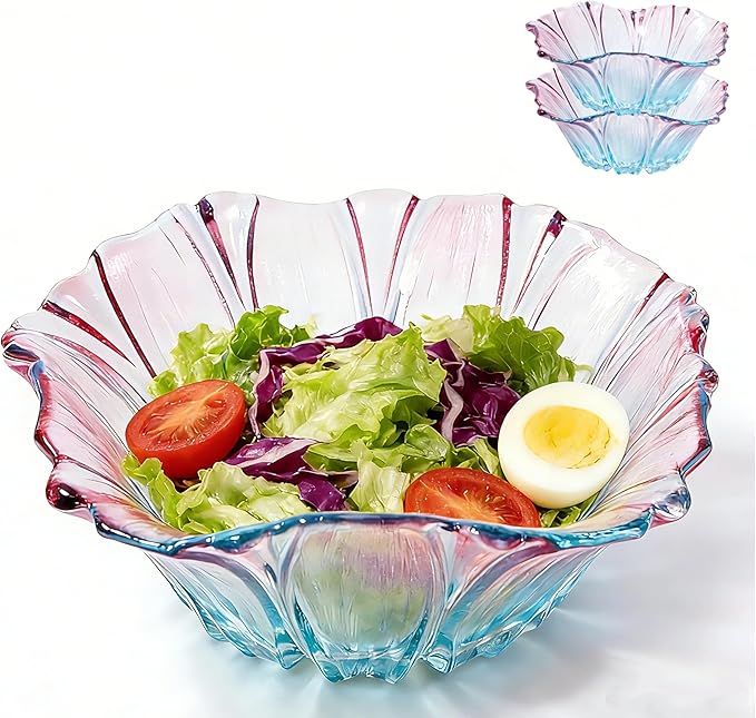 2 Piece Glass Salad Bowl Set - 7.3" Decorative Serving Bowls, 17 OZ (500ml) Multipurpose Bowls for Fruits, Veggies, Snacks, Candies, Desserts, Family Dinners & Parties (Colorful, medium size)