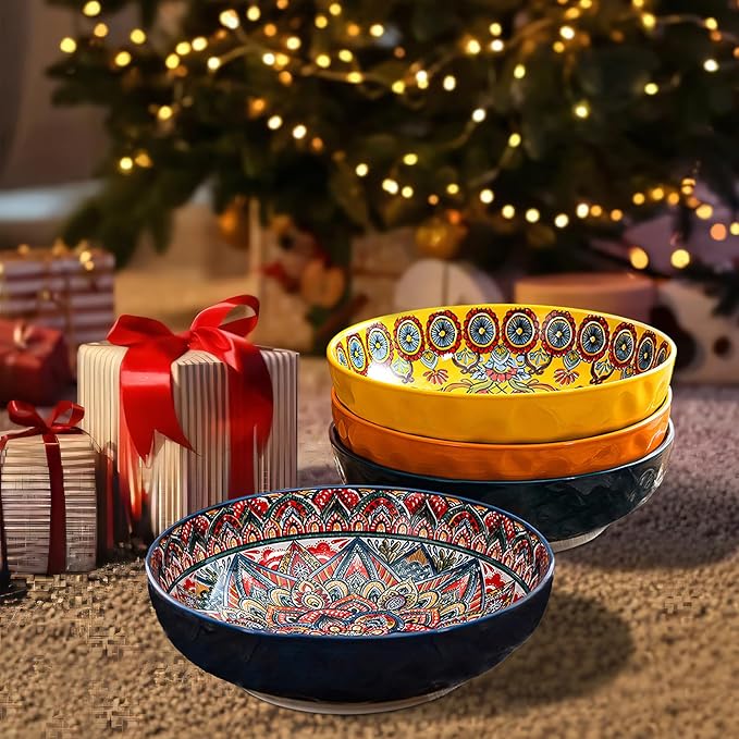 Boho Large Serving Bowls, 10.2 Inch Fruit Salad Bowls, Decorative Serving Dishes for Entertaining, 80 OZ Pasta Bowls Set of 2, Vibrant Colorful Soup Bowls for Party, Home Decor, Bohemian Style Gift
