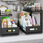Under Sink Organizer Upgrade To Professional Rails,2-Tier Dual Pull Out Cabinet Storage,Height Adjustable Slide Out Drawers For Bathroom Kitchen,2 Pack-16.7"Dx12.8"-16.9"H,Black
