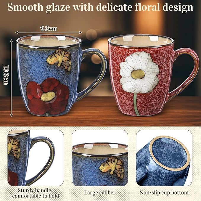 Maxdot 2 Pcs 12oz Ceramic Coffee Mugs Sets Glazing Process Cappuccino Mug Floral Ceramic Tea Cups Mother's Day Idea Gift for Women Mom Porcelain Cup for Coffee, Cocoa, Tea, Latte (Rustic)