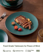 Famiware Venus 16-Piece Stoneware Dinnerware Set with Pasta Bowls for 4, Plates and Double Bowls with Trim for Everyday & Formal Use, Chip Resistant Dishes, Microwave/Dishwasher Safe, Matte Dark Green