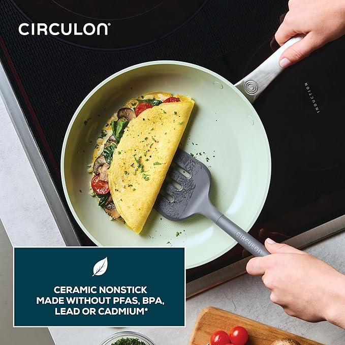 Circulon Halo with LaserDefense Ceramic Nonstick Pots and Pans with Lids, Made without PFAS, Compatible with All Stovetops, Dishwasher and Oven Safe, 11 Piece Cookware Set - Sage