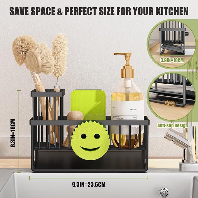 MURLONG Kitchen Sink Organizer,Sink Caddy Organizer with Removable Brush Holder,Self-Draining Countertop Organizers and Storage Essentials,Home Decor and Kitchen Gadgets-Black
