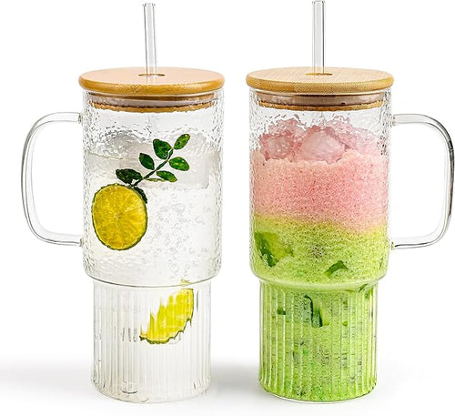 32oz Ribbed Glass Cup with Handle Lid and Straw, Borosilicate Glass Tumblers, Iced Coffee Cups Modern Glass Mug Hot/Cold Drinks for Smoothies, Tea, and Juice (clear-1 Pack-Bamboo Lid)