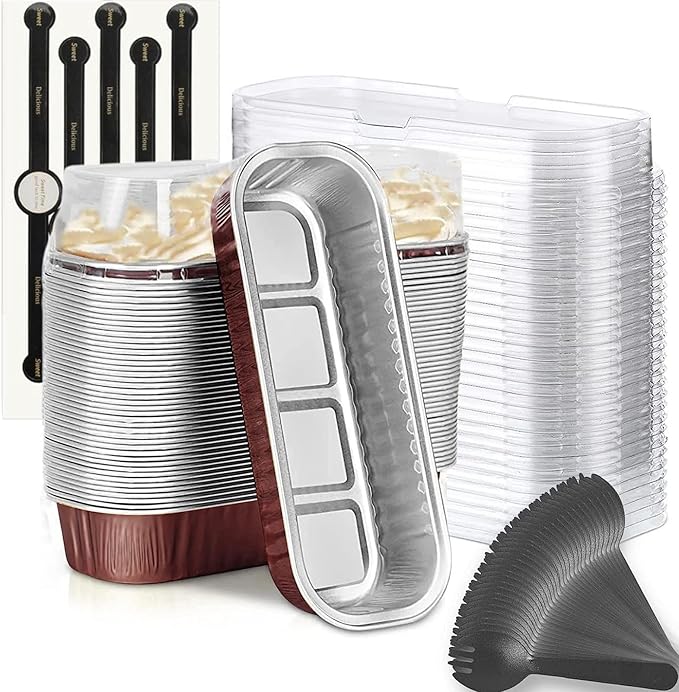 Mini Loaf Baking Pans with Lids and Spoons (50 Pack, 6.8oz) Rectangle Aluminum Foil Baking Pans Tins Containers - Cupcake Containers Wrappers Cheesecake Creme Brulee Ramekins