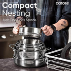 CAROTE 18pcs Stainless Steel Cookware Set with Detachable Handle, Nonstick Pots and Pans Set, Induction Kitchen Cookware Sets with Removable Handle, RV Cookware Set, Oven Safe, Camping Cookware, Black