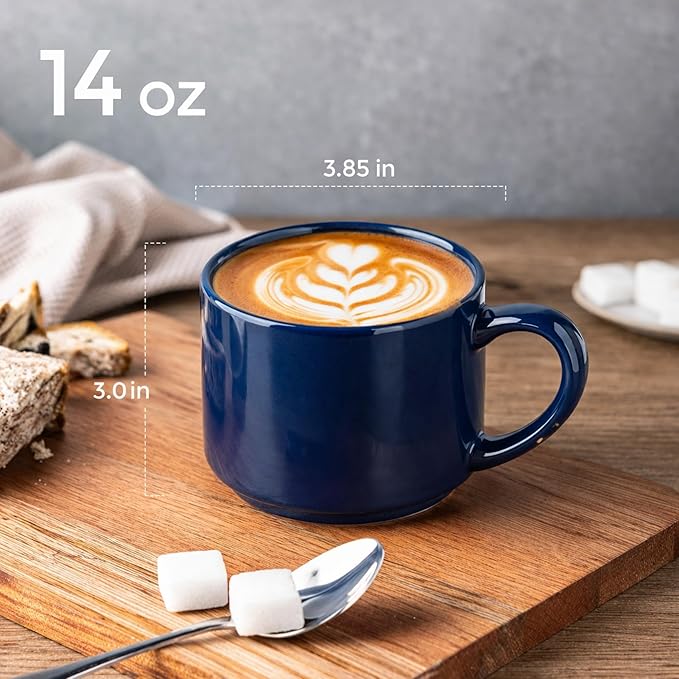 GBhome 14 OZ Coffee Mugs Set of 6, Stackable Ceramic Mugs for Men, Women, Modern Coffee Cups for Latte,Cappuccino,Hot Cocoa. Dishwasher & Microwave Safe, Navy Blue