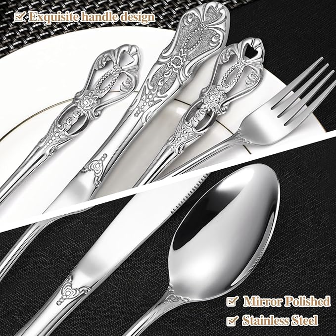Gorgeous Retro Royal Silverware Set For 4,OIULO Stainless Steel 20-Piece Fine Vintage Flatware Set Service 4,Anti-rust Fork Spoon Knife,Antique Baroque Cutlery Utensils,Mirror Finish,Dishwasher Safe