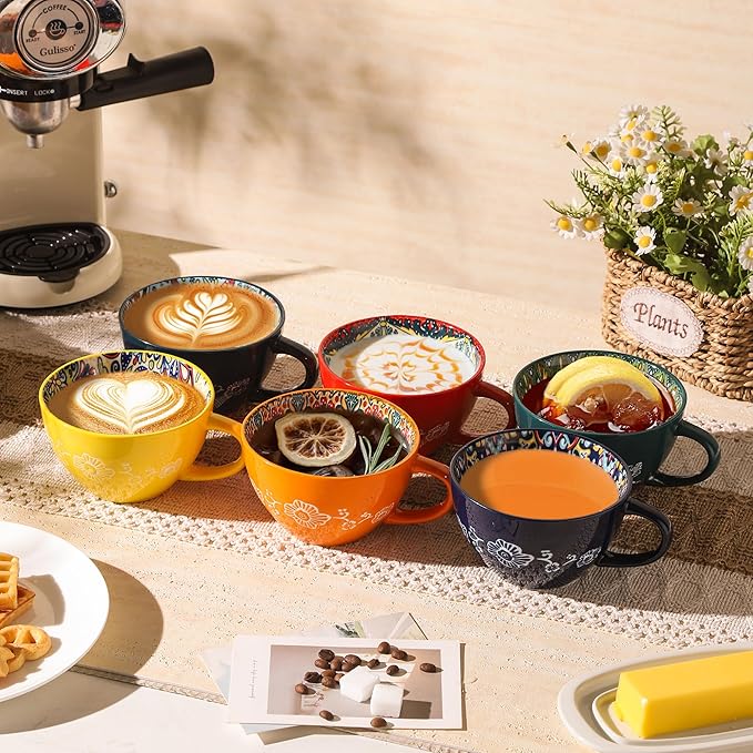 Coffee Mug Set of 6, 15 oz Boho Coffee Mug Ceramic with Handle, Porcelain Tea Cups Set, 6 Pcs Coffee Cups for Cappuccino and Latte, Microwave & Dishwasher Safe, Ideal Gift for Family/Friend
