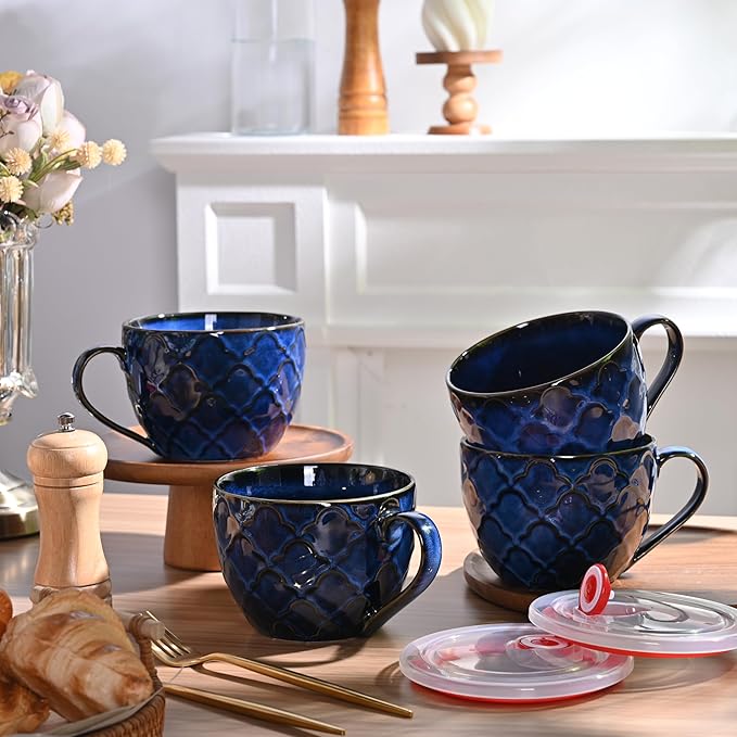 Ceramic Soup Bowl with Handle, 24 oz Microwave Safe Soup Mug/Cup with Lid, Large Ceramic Mug for Coffee, Cereal, Oatmeal, Salad, Ramen, Noodle, Soup, Set of 2 - Reactive Glaze Blue