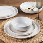 AmorArc Ceramic Dinnerware Sets for 6, 18 Pieces Handpainted Plates and Bowls Set with Rustic Terracotta Underside, Scratch Resistant Stoneware Dishes Set, Dishwasher & Microwave Safe, White