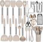 Silicone Cooking Utensils Set, NCUE 35 Pcs Kitchen Utensils Set with Holder, with Stainless Steel Handle Spatula Set, Spoons, Pasta Server, Cheese Grater, Masher, Scissors, Dishwasher Safe (Khaki)