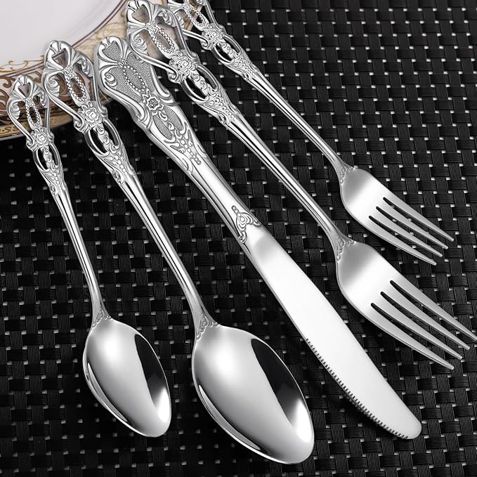 Gorgeous Retro Royal Silverware Set For 4,OIULO Stainless Steel 20-Piece Fine Vintage Flatware Set Service 4,Anti-rust Fork Spoon Knife,Antique Baroque Cutlery Utensils,Mirror Finish,Dishwasher Safe