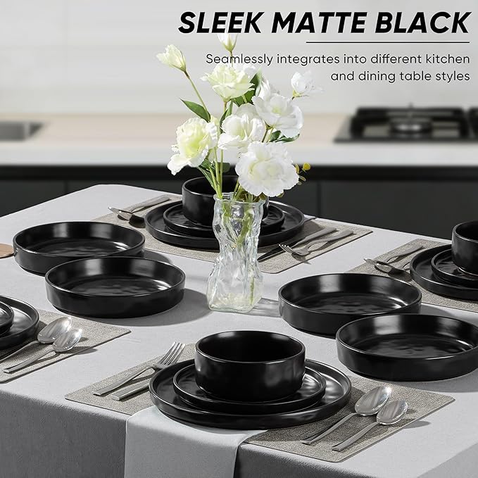 E-far 24-Piece Black Plates and Bowls Sets with Pasta Bowls - Stoneware Dinnerware Set for 6, Modern Ribbed Matte Black Kitchen Dishes, Microwave & Dishwasher Safe