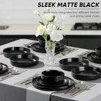 E-far 16-Piece Black Plates and Bowls Sets with Pasta Bowls - Stoneware Dinnerware Set for 4, Modern Ribbed Matte Black Kitchen Dishes, Microwave & Dishwasher Safe