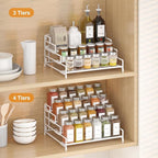 4-Tier-Spice-Rack-Organizer-for-Cabinet, Adjustable Depth Spice Holder Shelf For Countertop Pantry Cupboard, Metal Tiered Seasoning Organizer,Display Shelf Riser (White-2 Pack)