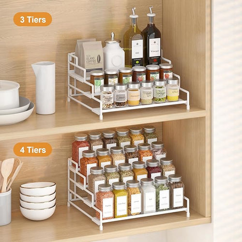 4-Tier-Spice-Rack-Organizer-for-Cabinet, Adjustable Depth Spice Holder Shelf For Countertop Pantry Cupboard, Metal Tiered Seasoning Organizer,Display Shelf Riser (White-2 Pack)