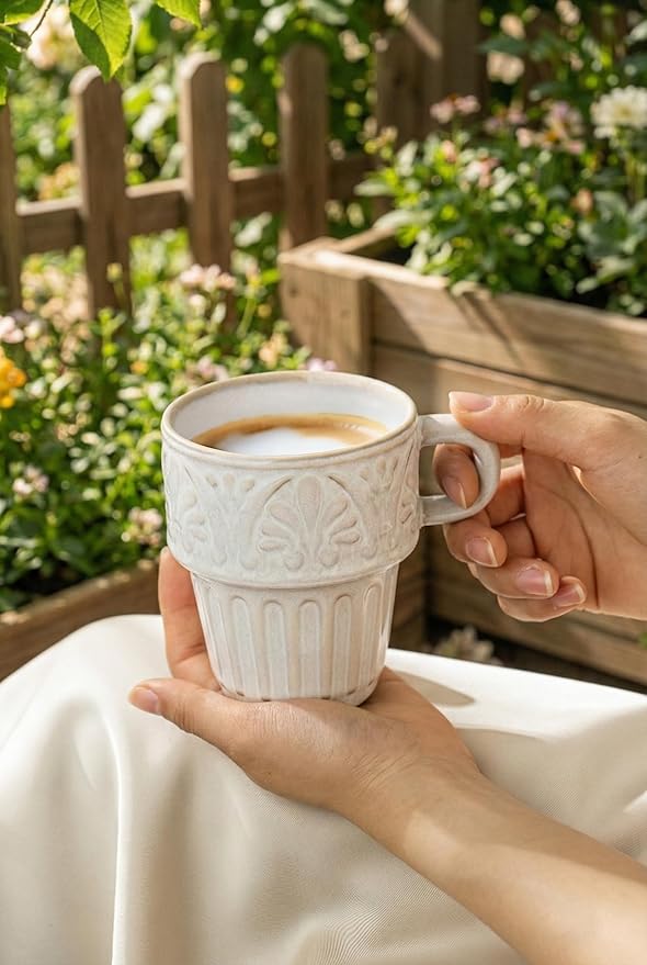 Mugs Set of 4, Ceramic Coffee Mug 12 OZ Beige, Stackable Mug, Set of 4, Microwave & Dishwasher Safe, Comfortable Grip for Latte Cappuccino Hot Chocolate, Perfect for Home Office & Holiday Gifting