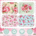 4 Pcs Melamine Serving Trays Platters Snack Trays Reusable Rectangle Platters for Sports Game Day Flower Tea Party Food Dessert Cookies Serving Plates Supplies, 13 x 9.7 Inch(Flower)