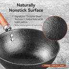 Cast Iron Wok with Lid, 10.2 Inch Flat Bottom Small Wok, Handcrafted Uncoated Iron Wok Stir Fry Pan with Wooden Handle, Tortoise Shell Texture, for Gas Electric Induction