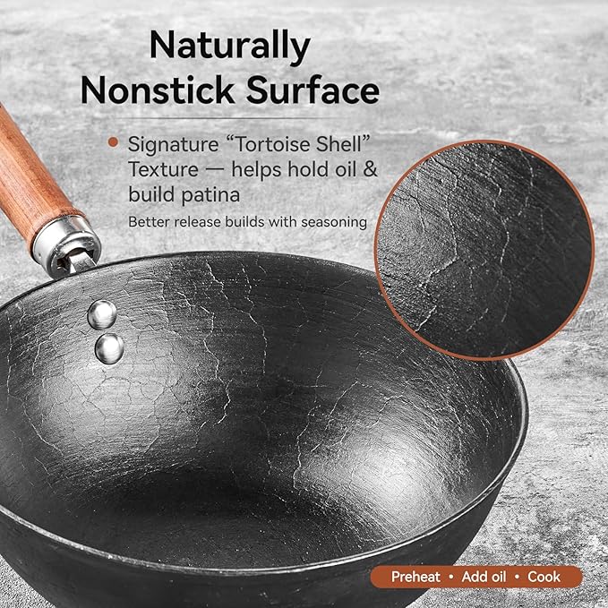 Cast Iron Wok with Lid, 10.2 Inch Flat Bottom Small Wok, Handcrafted Uncoated Iron Wok Stir Fry Pan with Wooden Handle, Tortoise Shell Texture, for Gas Electric Induction