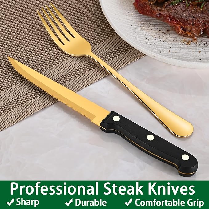 Gold 49 Pieces Stainless Steel Flatware Sets With Organizer,Golden Silverware Sets With Steak Knives Service For 8,Durable Knife And Fork Spoon Sets For Home Kitchen
