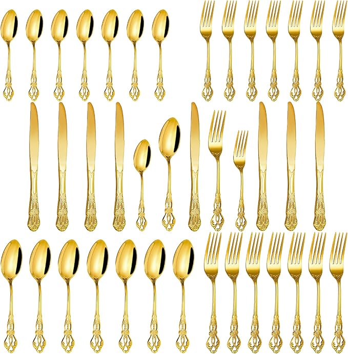 40 Pieces Gold Silverware Set for 8, Retro Royal Utensils Set Gold, Stainless Steel Flatware Dinnerware Set Including Forks Spoons and Knives Cutlery Set for Kitchen Wedding Party
