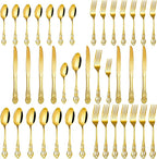 40 Pieces Gold Silverware Set for 8, Retro Royal Utensils Set Gold, Stainless Steel Flatware Dinnerware Set Including Forks Spoons and Knives Cutlery Set for Kitchen Wedding Party