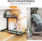 PXRACK Under Sink Organizer, Adjustable Height, 2 Tier Pull Out Under Cabinet Organizer, Slide Out Thickened Metal Under Sink Storage for Kitchen Bathroom Laundry Pantry Cabinet, Black, Large-1-Pack