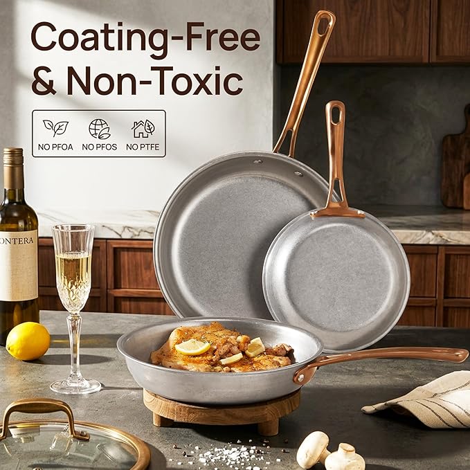 KOKHUB Tri-Ply Stainless Steel Frying Pans Set, 8"/9.5"/11" Vintage Cooking Pans with Lids, PFOA/PTFE/PFAS Free Skillet, Non-Toxic Induction Cookware, Dishwasher & Oven Safe, All Cooktops Compatible