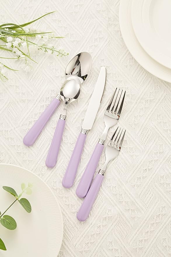 ANNOVA Stainless Steel Colorful Tableware Kitchen Flatware Set Utensils, Includes Dinner Knives, Forks, Spoons, Salad Forks & Dessert Spoons, Modern Rounded Shape (Lilac, 20 Pieces)