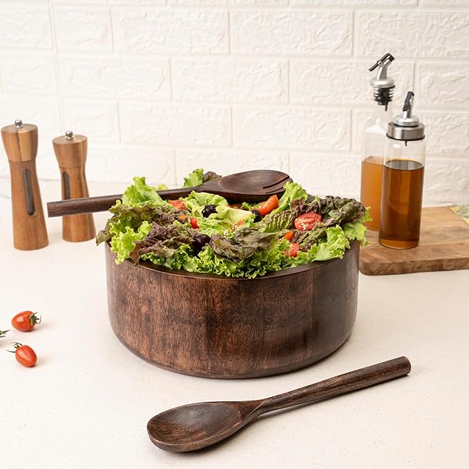 Luxe Designs 12" Dark Burnt Wooden Salad Bowl Set with Serving Utensils Eco-Friendly, Multipurpose Mixing & Serving Bowl for Salads, Pasta, Fruits & More – Durable & Stylish Kitchen Essential