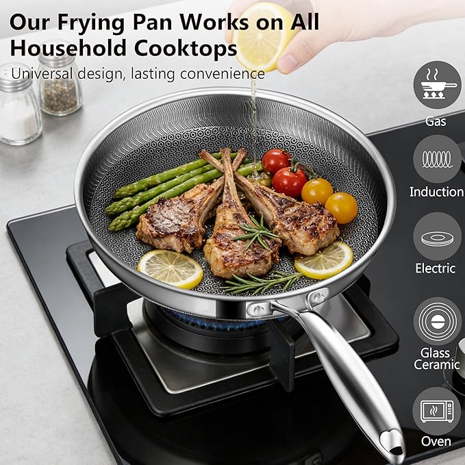 Non Stick Frying Pans, 10-inch with Lid, Hybrid Frying Pans Nonstick Stainless Steel Skillets, Dishwasher & Oven-Safe, Stay-Cool Handle, PFOA Free Cookware, Compatible with All Cooktops