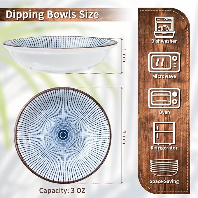 Eisinly Dipping Bowls, Soy Sauce Dish Ceramic, 3 OZ Small Serving Bowls for Side Dishes Vintage Blue Stylish Design, Set of 6 Mini Appetizer Plates for Condiment Sushi Ketchup BBQ Party, 4 Inch