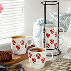 Signature Housewares Stackable Coffee Mug Tower Set with Metal Wire Rack - 15 Ounce Coffee Mugs for Coffee, Tea, Cocoa, Milk, Cappuccino, Hot Chocolate Set of 4 - Strawberry Pattern
