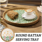 Round Rattan Tray with Mother of Pearl Inlay, Decorative Wicker Serving Tray with Wooden Base, Woven Basket Trays for Bread Fruits Coffee