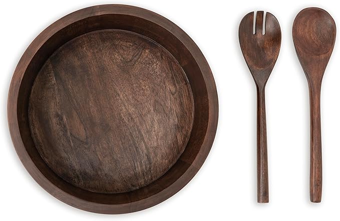 Luxe Designs 12" Dark Burnt Wooden Salad Bowl Set with Serving Utensils Eco-Friendly, Multipurpose Mixing & Serving Bowl for Salads, Pasta, Fruits & More – Durable & Stylish Kitchen Essential