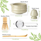 Matcha Whisk Set- Matcha Set includes Matcha Whisk and Bowl (Bowl with Spout), Sifter, Holder and Scoop- The Perfect Bamboo Whisk for Matcha Tea (Molted Green)