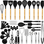 Kaluns 50 PCS Silicone Kitchen Utensils Set Complete Kitchen Set - 800°F Heat Resistant Non-Stick Premium Cooking Utensils W Wooden Handles - Can Opener, Masher, Turner, Silicone Spatula Set
