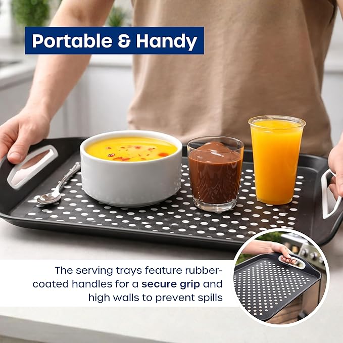 Food Trays for Eating on Couch - 2 Pack - Non Slip Dinner Trays for Eating Set of 2 Non Slip Serving Tray and Food Tray with Handles (Black)
