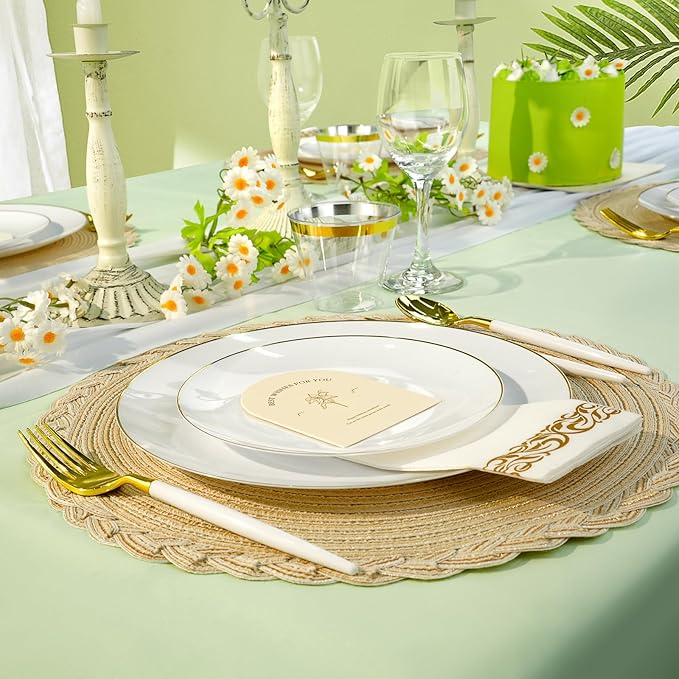 350 Pieces White Gold Plastic Dinnerware Set, Gold Disposable Plates for Party, Graduation, Include 100 White Plates with 150 Plastic Cutlery, 50 Napkins and 50 Cups